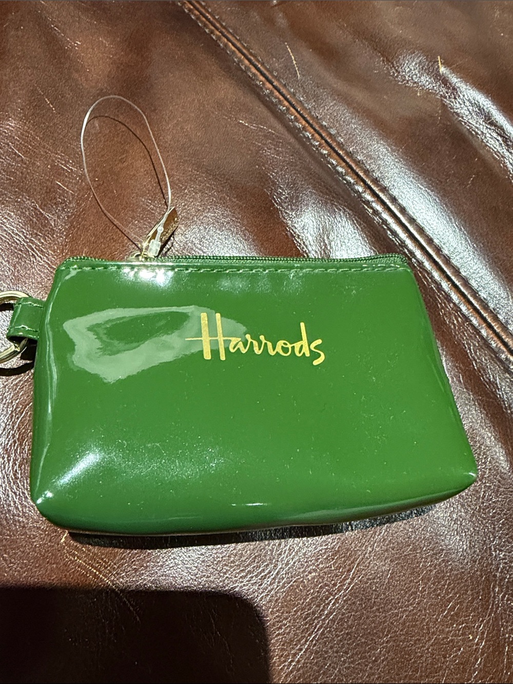 Harrods Glossy Green Patent Wristlet with Gold Logo